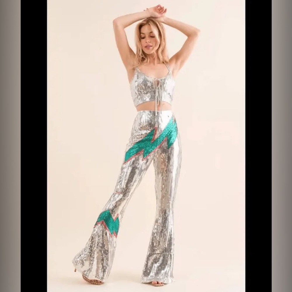 Silver and Green Sequin Flare Pants